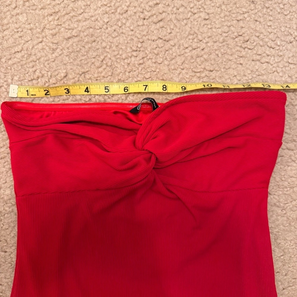 Romantic Red Strapless Twist Front Midi Dress Ribbed Day to Night Date Sz M - Picture 7 of 14